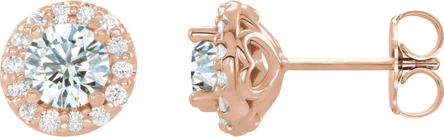 14K Gold Natural White Sapphire Round 4-Prong Halo-Style Earrings II - Rose Gold