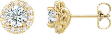 14K Gold Natural White Sapphire Round 4-Prong Halo-Style Earrings II - Yellow Gold