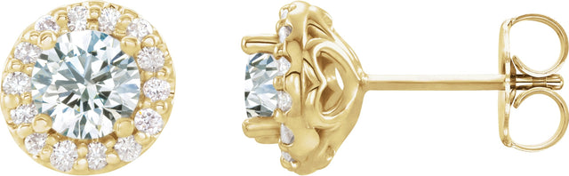 14K Gold Natural White Sapphire Round 4-Prong Halo-Style Earrings II - Yellow Gold