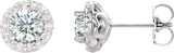 14K Gold Natural White Sapphire Round 4-Prong Halo-Style Earrings II - White Gold