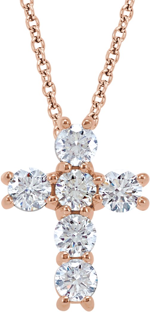 14K Gold Round Lab-Grown Diamond Cross Necklace or Pendant – up to 9/10 CTW - Rose Gold