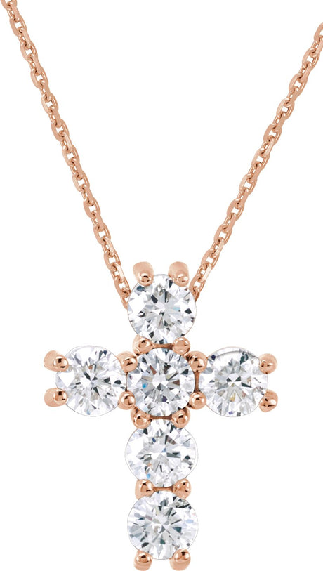 14K Gold Round Natural Diamond Cross Necklace or Pendant – up to 1 3/8 CTW - Rose Gold