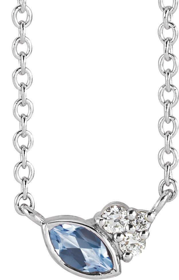 14K Gold Marquise Natural Aquamarine Accented Bezel-Set Necklace - White Gold