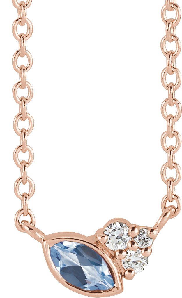 14K Gold Marquise Natural Aquamarine Accented Bezel-Set Necklace - Rose Gold