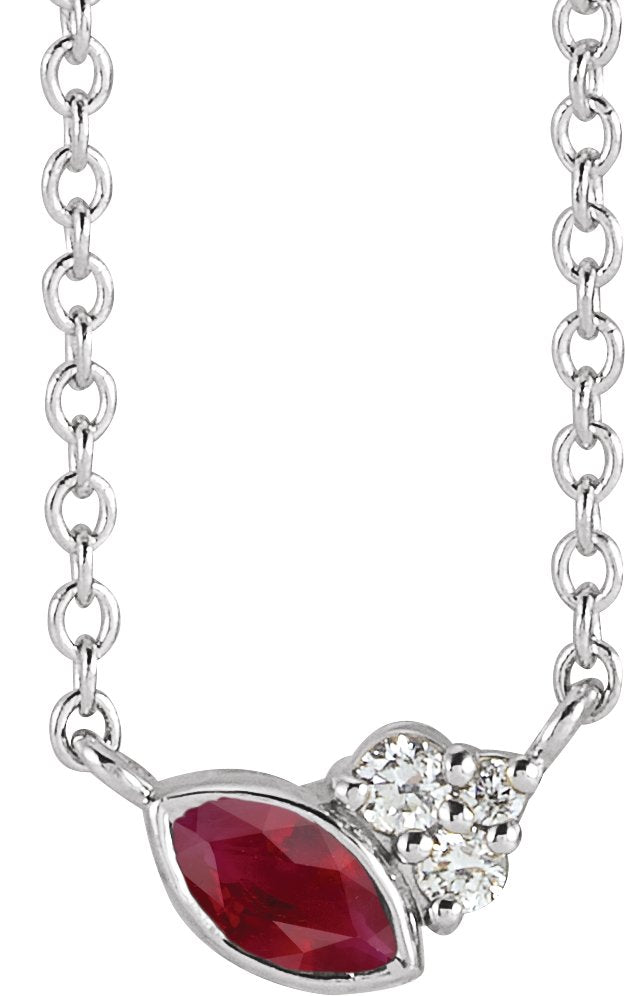 14K Gold Marquise Lab-Grown Ruby Accented Bezel-Set Necklace - White Gold