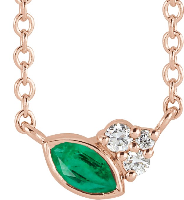 14K Gold Marquise Natural Emerald Accented Bezel-Set Necklace - Rose Gold