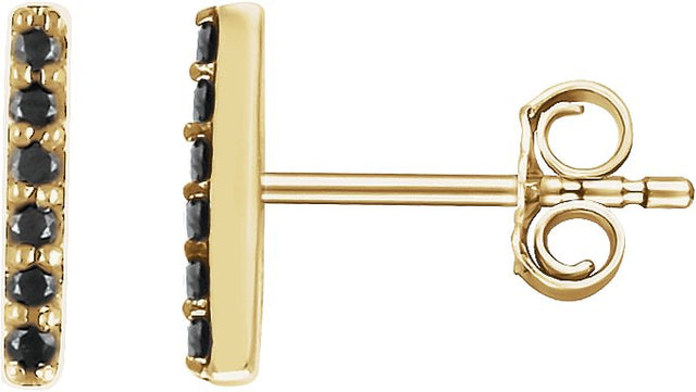 14K Gold Round Natural Black Diamond Bar Earrings - Yellow Gold