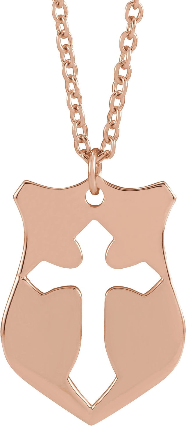 14K Gold Pierced Cross Shield Necklace or Pendant - Rose Gold
