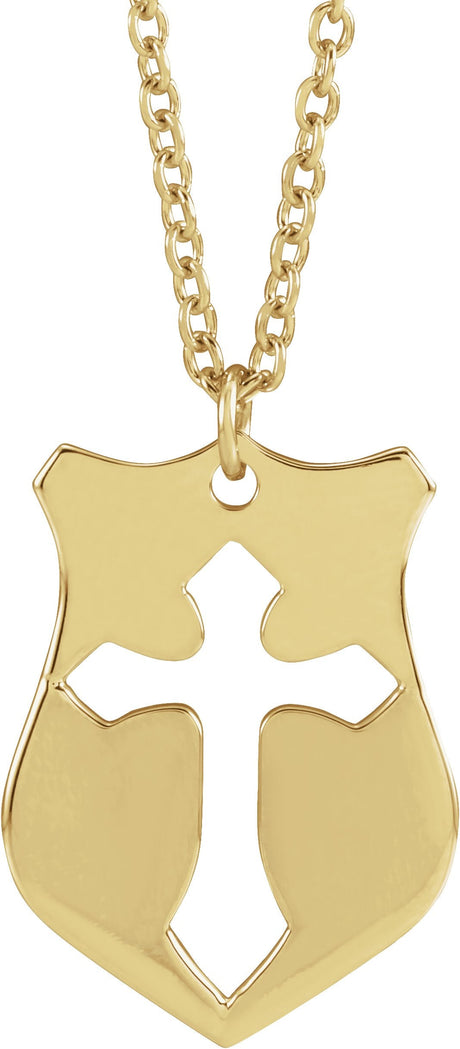14K Gold Pierced Cross Shield Necklace or Pendant - Yellow Gold