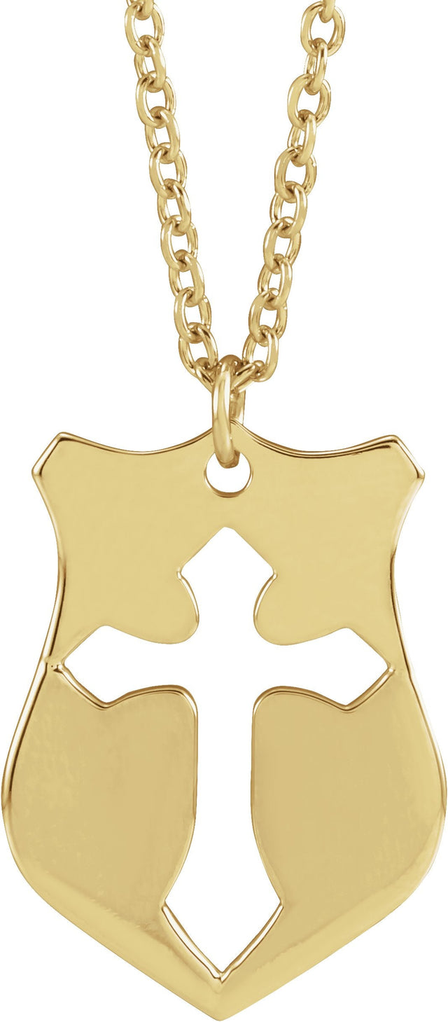 14K Gold Pierced Cross Shield Necklace or Pendant - Yellow Gold