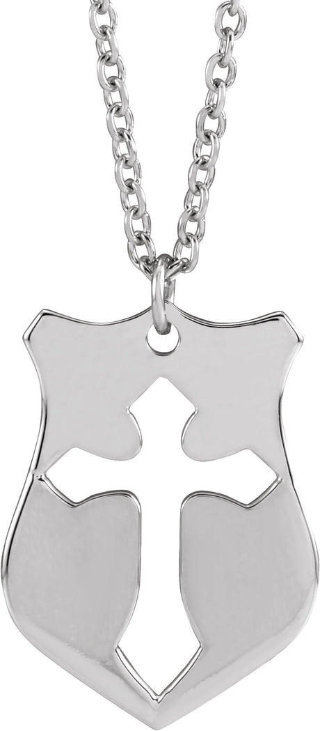 14K Gold Pierced Cross Shield Necklace or Pendant - White Gold