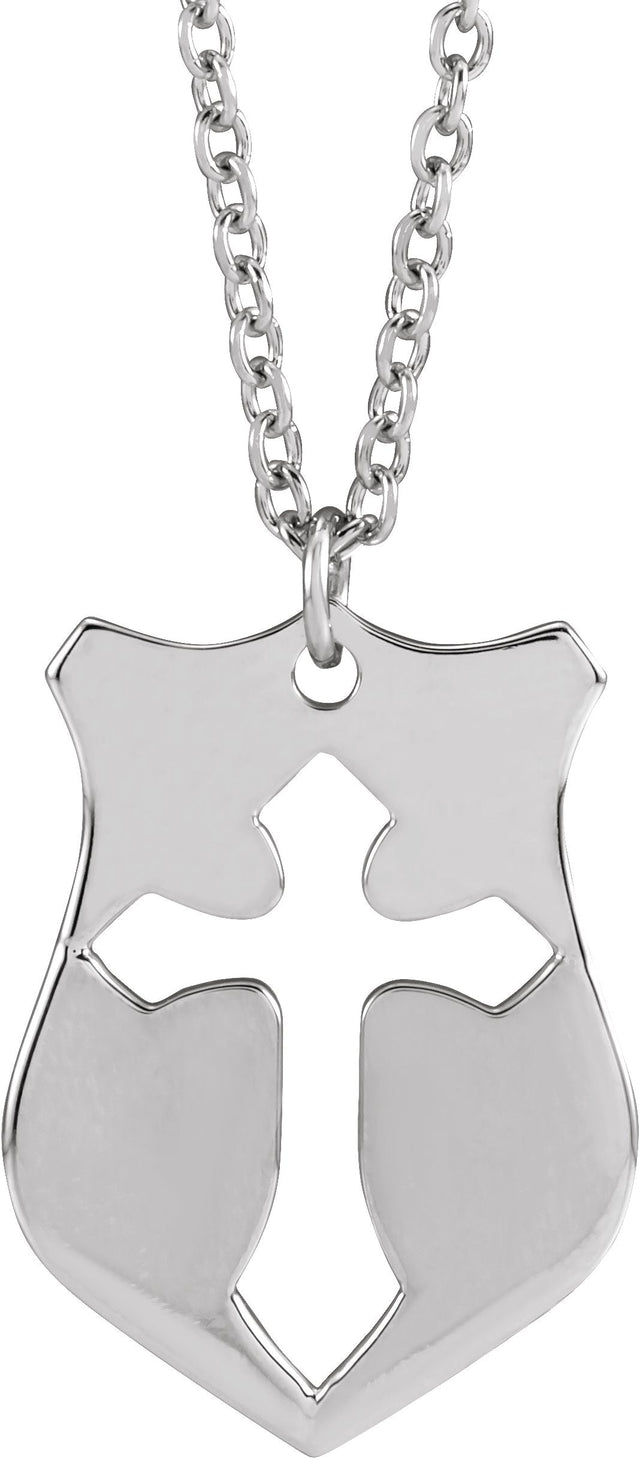 14K Gold Pierced Cross Shield Necklace or Pendant - White Gold