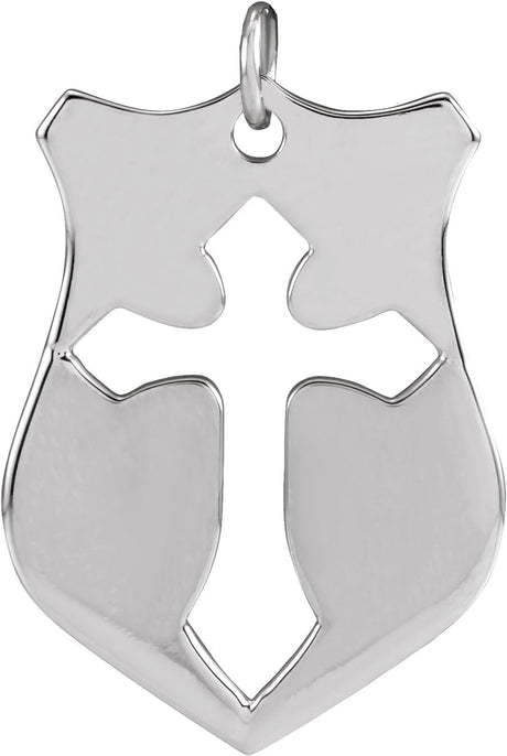 14K Gold Pierced Cross Shield Necklace or Pendant - White Gold