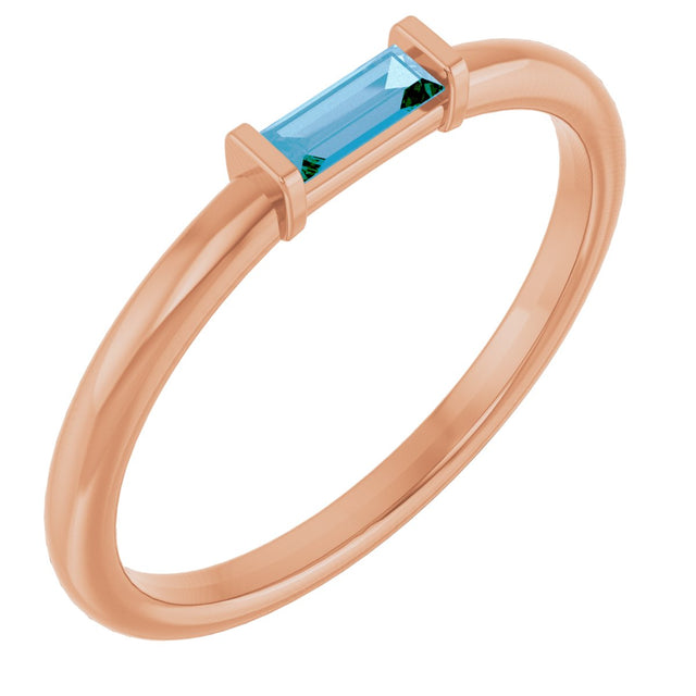 14K Gold Natural Swiss Blue Topaz Birthstone Stackable Ring – 4x2 mm Straight Baguette - Rose Gold