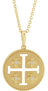 14K Gold Round Natural Diamond Jerusalem Cross Necklace or Pendant - Yellow Gold