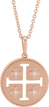 14K Gold Round Natural Diamond Jerusalem Cross Necklace or Pendant - Rose Gold