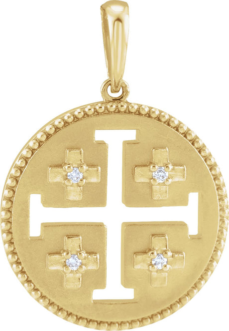 14K Gold Round Natural Diamond Jerusalem Cross Necklace or Pendant - Yellow Gold