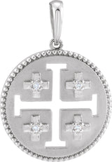 14K Gold Round Natural Diamond Jerusalem Cross Necklace or Pendant - White Gold