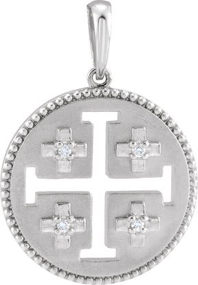 Platinum Round Natural Diamond Jerusalem Cross Necklace or Pendant
