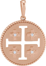 14K Gold Round Natural Diamond Jerusalem Cross Necklace or Pendant - Rose Gold
