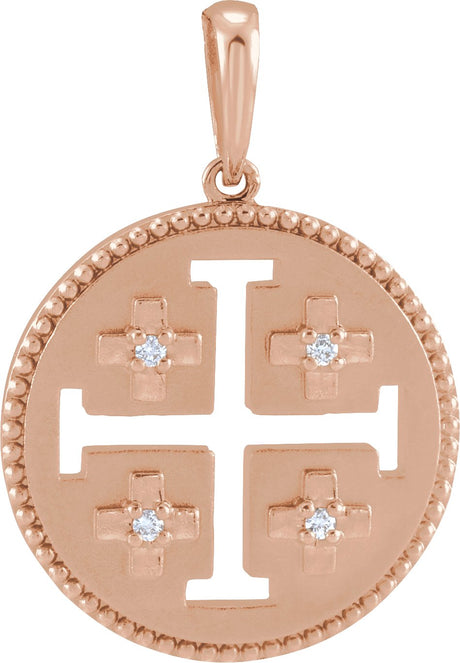 14K Gold Round Natural Diamond Jerusalem Cross Necklace or Pendant - Rose Gold