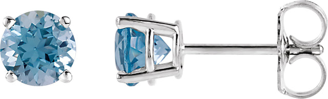 14K Gold Natural Aquamarine Round 4-Prong Lightweight Stud Earrings - White Gold