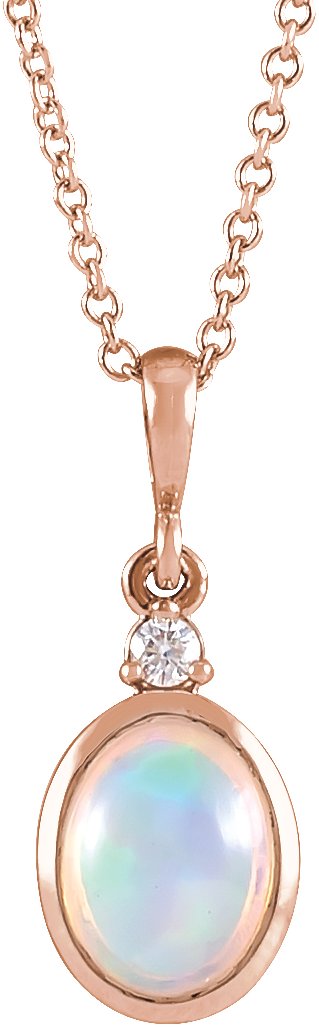 14K Gold Oval Natural Ethiopian Opal & Natural Diamond Cabochon Bezel-Set Necklace or Pendant – 8x6mm - Rose Gold