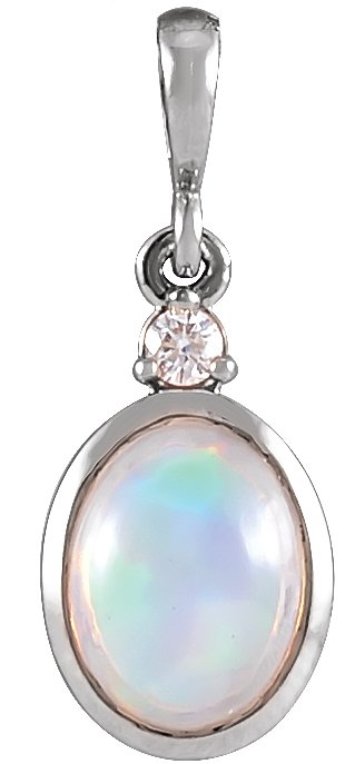Platinum Oval Natural Ethiopian Opal & Natural Diamond Cabochon Bezel-Set Necklace or Pendant – 6x4mm