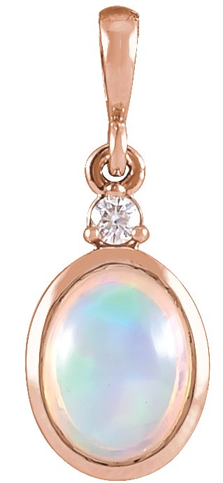 14K Gold Oval Natural Ethiopian Opal & Natural Diamond Cabochon Bezel-Set Necklace or Pendant – 8x6mm - Rose Gold