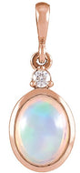 14K Gold Oval Natural Ethiopian Opal & Natural Diamond Cabochon Bezel-Set Necklace or Pendant – 8x6mm - Rose Gold
