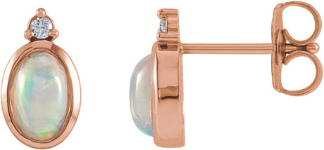 14K Gold Oval Natural Ethiopian Opal & Natural Diamond Cabochon Bezel-Set Earrings - Rose Gold