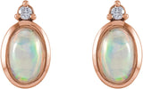 14K Gold Oval Natural Ethiopian Opal & Natural Diamond Cabochon Bezel-Set Earrings - Rose Gold - view 2