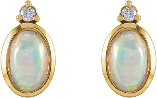 14K Gold Oval Natural Ethiopian Opal & Natural Diamond Cabochon Bezel-Set Earrings - Yellow Gold - view 2