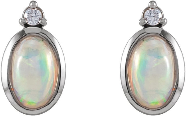 14K Gold Oval Natural Ethiopian Opal & Natural Diamond Cabochon Bezel-Set Earrings - White Gold - view 2