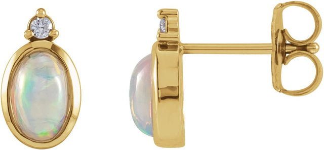14K Gold Oval Natural Ethiopian Opal & Natural Diamond Cabochon Bezel-Set Earrings - Yellow Gold