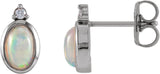 14K Gold Oval Natural Ethiopian Opal & Natural Diamond Cabochon Bezel-Set Earrings - White Gold