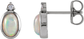 Platinum Oval Natural Ethiopian Opal & Natural Diamond Cabochon Bezel-Set Earrings