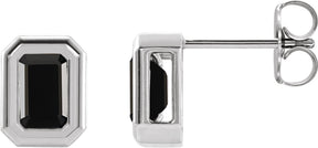 14K Gold Natural Black Onyx Emerald Solitaire Earrings - White Gold