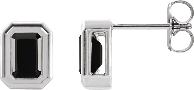 14K Gold Natural Black Onyx Emerald Solitaire Earrings - White Gold