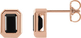 14K Gold Natural Black Onyx Emerald Solitaire Earrings - Rose Gold