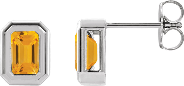 14K Gold Natural Citrine Emerald Solitaire Earrings - White Gold