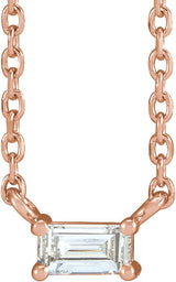 14K Gold Straight Baguette Natural Diamond Solitaire Necklace - Rose Gold