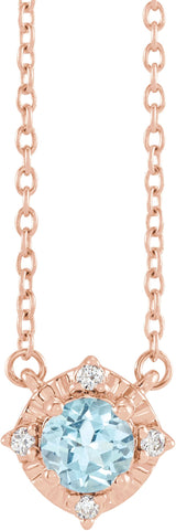 14K Gold Round Natural Sky Blue Topaz & Natural Diamond Birthstone Halo-Style Necklace - Rose Gold