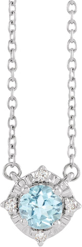 14K Gold Round Natural Sky Blue Topaz & Natural Diamond Birthstone Halo-Style Necklace - White Gold