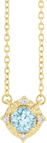 14K Gold Round Natural Sky Blue Topaz & Natural Diamond Birthstone Halo-Style Necklace - Yellow Gold