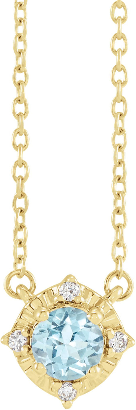 14K Gold Round Natural Sky Blue Topaz & Natural Diamond Birthstone Halo-Style Necklace - Yellow Gold