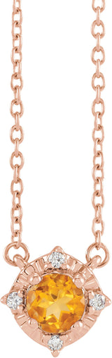 14K Gold Round Natural Citrine & Natural Diamond Birthstone Halo-Style Necklace - Rose Gold