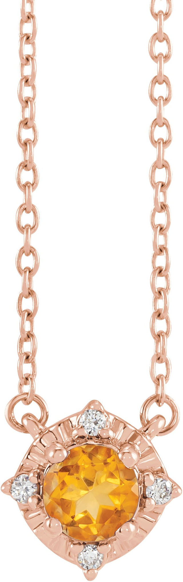 14K Gold Round Natural Citrine & Natural Diamond Birthstone Halo-Style Necklace - Rose Gold