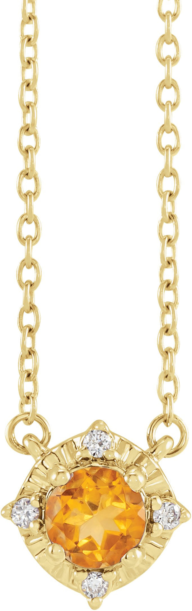 14K Gold Round Natural Citrine & Natural Diamond Birthstone Halo-Style Necklace - Yellow Gold