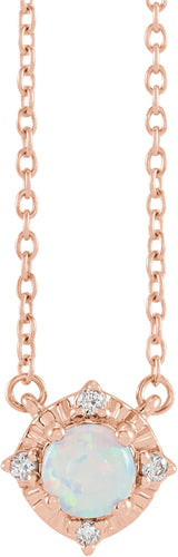 14K Gold Round Lab-Grown White Opal & Natural Diamond Birthstone Halo-Style Necklace - Rose Gold